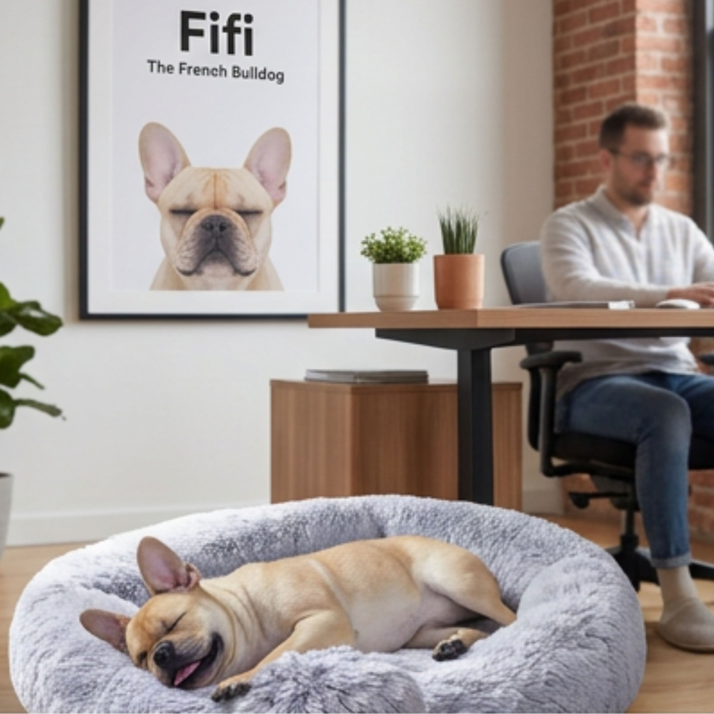 Fifi the French Bulldog asleep in a cosy bed while a colleague works at a desk nearby