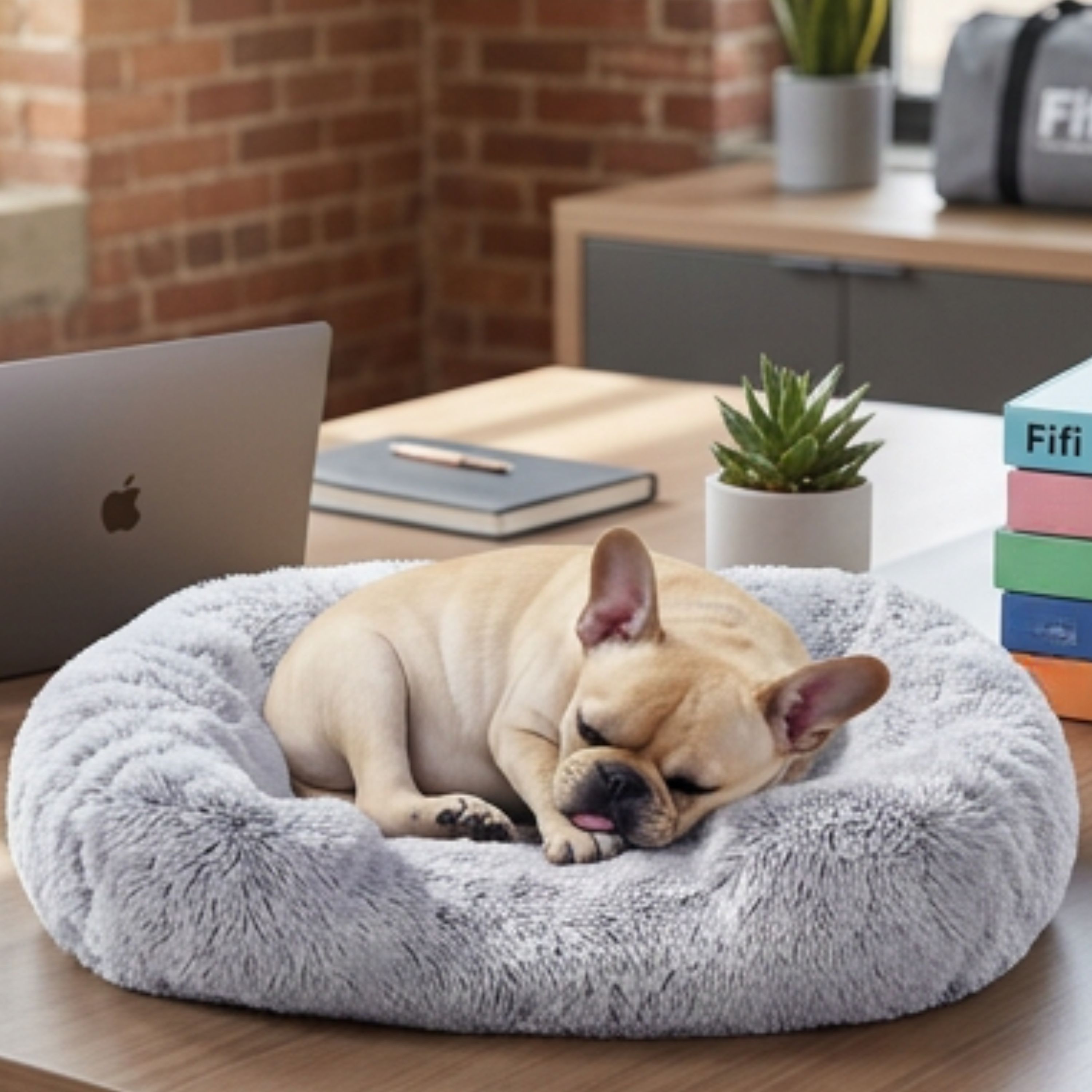 Fifi the French Bulldog curled up asleep beside a laptop on a desk