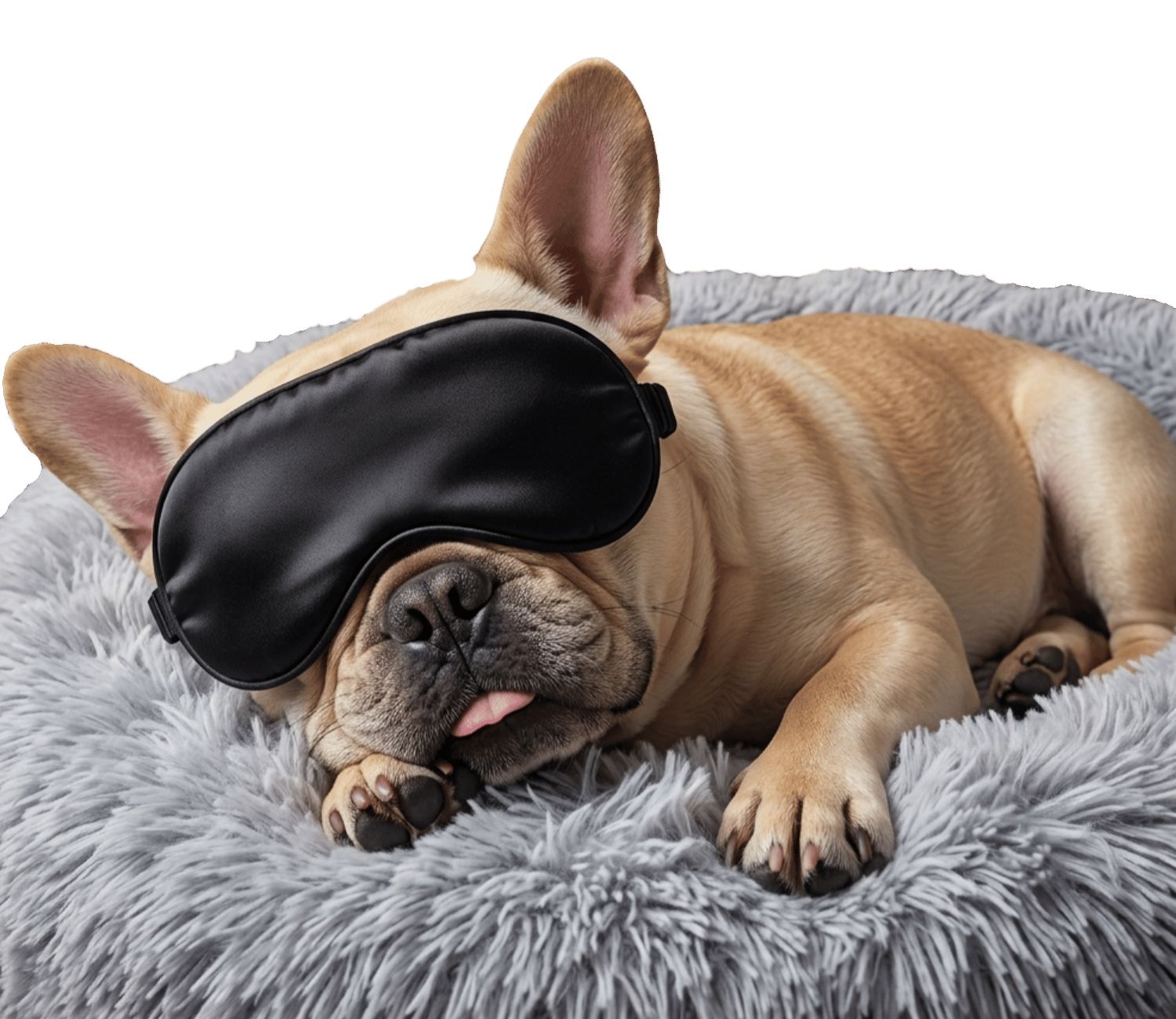 Fifi the French Bulldog napping in a silk sleep mask on a plush grey bed