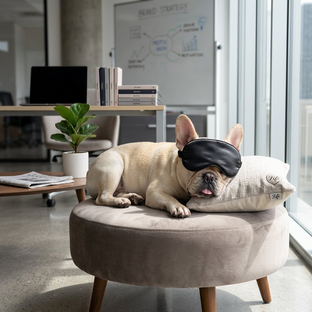 Fifi the French Bulldog wearing a silk eye mask, resting on a monogrammed Fifi cushion